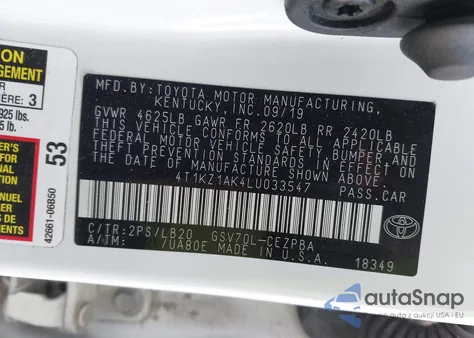 2020 Toyota Camry Xse V6 z USA, uszkodzony, nr VIN 4T1KZ1AK4LU033547